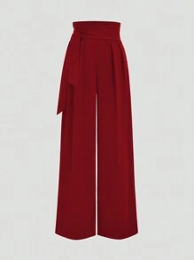 Sweetra Pantalones rectos de tiro alto y pierna ancha con lazo para mujer - Burdeos - Ver 1