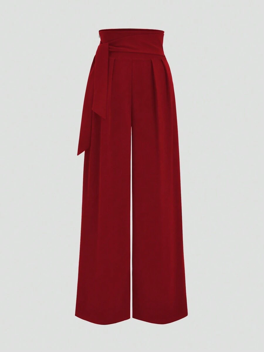 Sweetra Pantalones rectos de tiro alto y pierna ancha con lazo para mujer - Burdeos - Ver 1