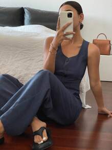 Livesso Set de 2 piezas de top de tirantes con botones y pantalones de unicolor para mujer, ropa de vuelta al colegio - Azul - Ver 6