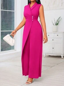 SHEIN Lady Mono sin mangas de pierna ancha azul de talla grande con cuello cruzado y decoración de perlas, conjunto de ropa para mujer para conciertos, mono de mujer para todas las estaciones