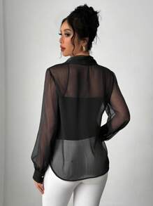 Chiquease 2024 Neue Damen Sexy durchsichtige Schwarze Mesh Chiffon Bluse