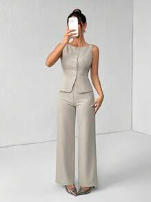 SHEIN PETITE Vestă și pantaloni cu un singur piept de culoare solidă pentru femei Costum de navetă elegant, vară, toamnă, haine pentru femei, set pentru femei, îmbrăcăminte pentru birou, pentru afaceri, casual, pentru femei, ținute în două piese, pentru toamnă, pentru femei, pentru birou, pentru femei, pentru femei, set de blazere - Kaki - Vizualizare 5