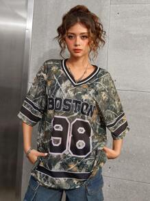 SHEIN Teen Girl Retro Street Spring And Summer,New V-Neck Camouflage Print & Letter Oversized Casual T-Shirt - Multicolor - View 4