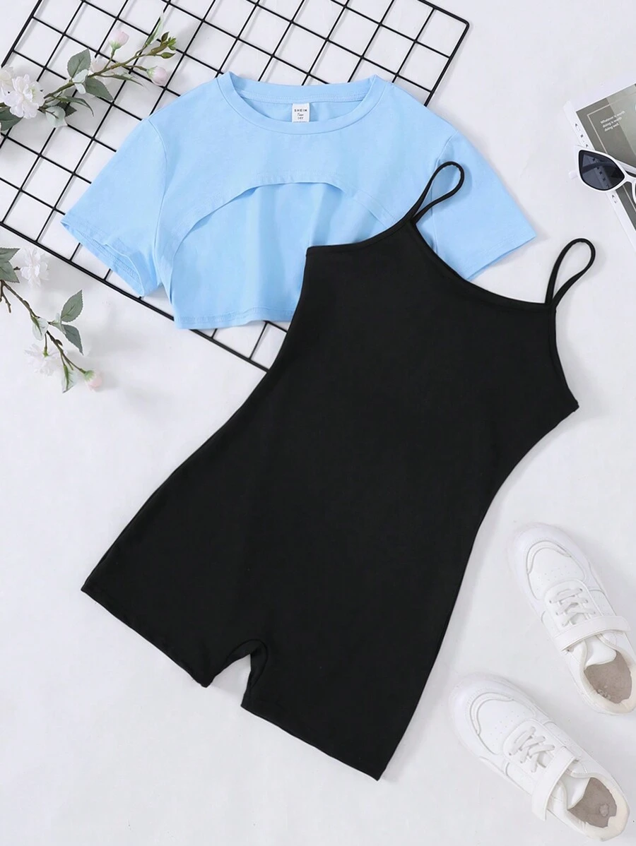 SHEIN Áo thun tay ngắn họa tiết bất đối xứng màu trơn cho bé gái tuổi teen + Bộ đồ liền thân in chữ thường ngày - Màu xanh lam - Xem 1