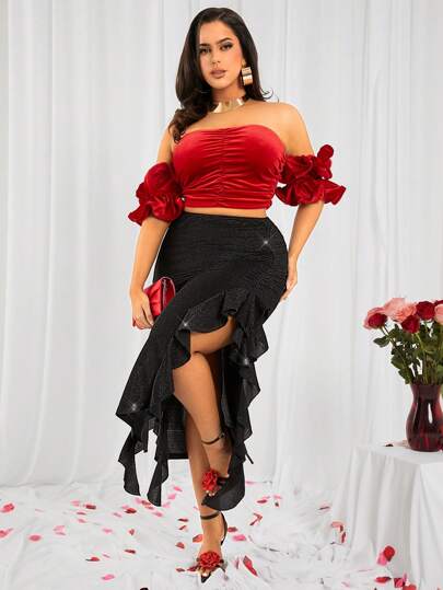 SHEIN SXY Plus Size Ladies Valentine's Day Elegant Black Ruffled Ribbon Decorated Tight Black Skirt,Suitable For Daily Wear, Date Night, Birthday, Bachelorette Party, Party, Prom, Couple Date, Elegant, Casual, Shopping, Street Wear, Outdoor, Flirty, Easy To Match And Looks Slim, Highlight Your Figure, Flatter Your Body