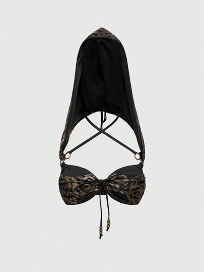 Goth Top con capucha estampado de leopardo metálico con estilo retro y vanguardista Y2K