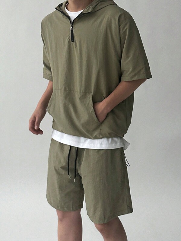 DAZY Men's Solid Color Green Half-Zip Short Sleeve T-Shirt Set, Summer