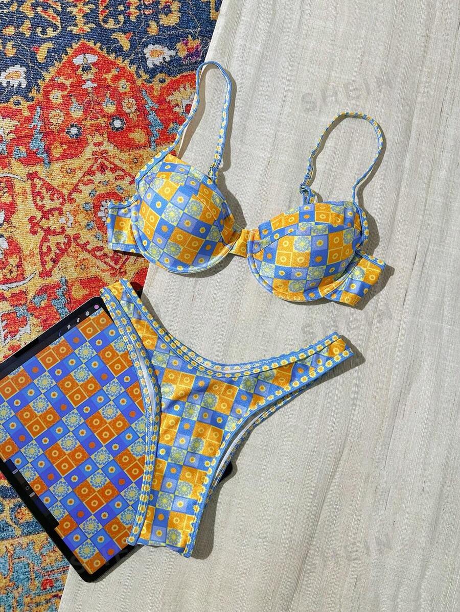 Swim Vcay 2 piezas Conjunto de ropa de baño para mujer, estampado geométrico aleatorio, con aros, traje de baño de bikini lindo, para vacaciones de verano en la playa