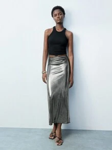 Maija Damen glänzender metallischer Taillengürtel mit verdecktem Reißverschluss an der Seite, vielseitiger Urban Party figurbetonter Minirock mit tiefer Taille, geeignet für alle Jahreszeiten Western-Mode für Frauen