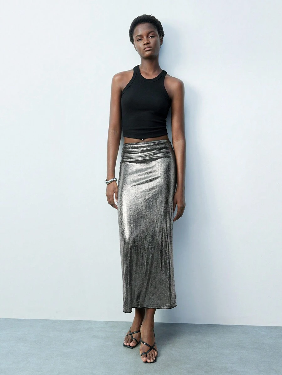 Maija Damen glänzender metallischer Taillengürtel mit verdecktem Reißverschluss an der Seite, vielseitiger Urban Party figurbetonter Minirock mit tiefer Taille, geeignet für alle Jahreszeiten Western-Mode für Frauen