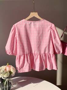 Comfortcana Camisa casual de mujer a cuadros rosa de tejido, minimalista y de moda para uso diario - Rosa - Ver 2