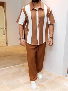 Manfinity Homme Plus Size Men's Solid Color Patchwork Front Button Short Sleeve Top And Long Pants Casual Suit - Multicolor - View 7