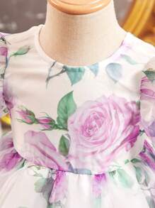 SHEIN 女婴夏季优雅花卉欧根纱蝴蝶结泡泡袖公主裙 - 白色 - 查看 4