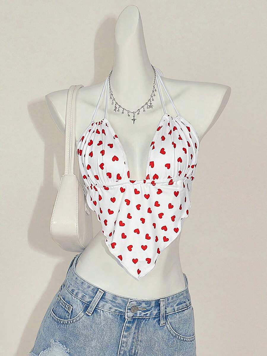 SHEIN ICON Valentine's Day Heart & Polka Dot Print Slim Fit Camisole Top With Triangular Hemline And Halter Neck Backless Design For Women - Red and White - View 1