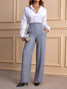 RueChic Urban Style Wool-Look Comfort Waist Seam Stitched Loose Fit Trousers