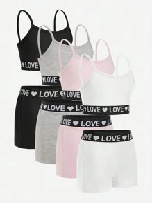 Teen Girls 8pcs/Set Underwear Set, Featuring Elastic Waistband With Heart Pattern, Made Of Soft Breathable Cotton Fabric, Minimalist Design For Easy Matching, Suitable For All Seasons