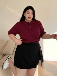 Dazy Plus 大码中国新年 - 合身勃艮第色罗纹 Polo 领短袖针织上衣，春夏 - 酒紅色 - 查看 8