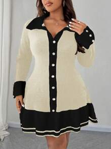 SHEIN Unity Plus Size Women Knit Colorblock Sweater Dress With Ruffle Hem & Button Decor, Elegant Autumn/Winter Dress - Apricot - View 7