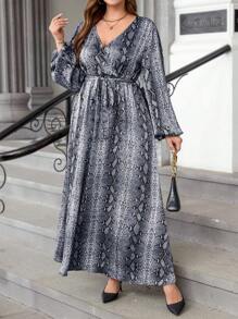 SHEIN Clasi Plus Size Women Animal Print Belt Decor Dress, Autumn