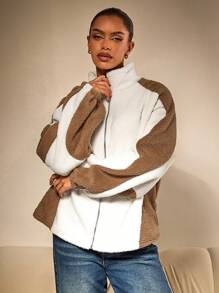 Athîral Women's Cream Contrast Teddy Borg Contrast Zip Front Casual Jacket , Simple And Fashionable For Daily Wear, Thermal Lined - Beige - View 3