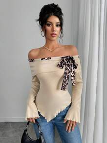 Elenzga Top elegante; camiseta assimétrica plissada de manga comprida bege sólida, outono/primavera; camiseta feminina de malha com ombros de fora e ajuste fino; adequada para encontros - Damasco - Ver 3