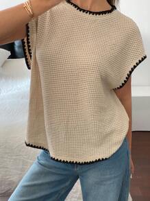 Siren Gaze Women's Apricot Clash Black Crocheted Textured Sleeveless Round Neck Loose T-Shirt Summer T-Shirt Top Summer Summer Tops  Casual Everyday Wear   Summer Outfits For Women  Summer Tops  Going Out Tops Women  Tube Top