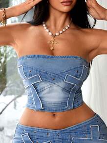 SHEIN ICON Women's Sexy Grommet Detail Tube Top Denim Blouse