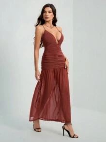 SHEIN Tall Váy xòe viền trước màu nâu cho nữ, Váy dự tiệc cưới - màu nâu - Xem 5