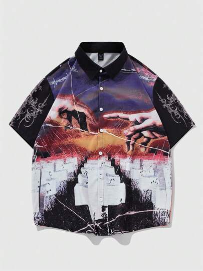 Street Life Camisa casual de manga corta y de un solo pecho con estampado de gesto de mano para hombre