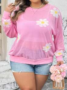 SHEIN CURVE+ 加大码女式花卉图案透视罩衫，适合室内、度假、情人节等场合。 - 粉色 - 查看 7