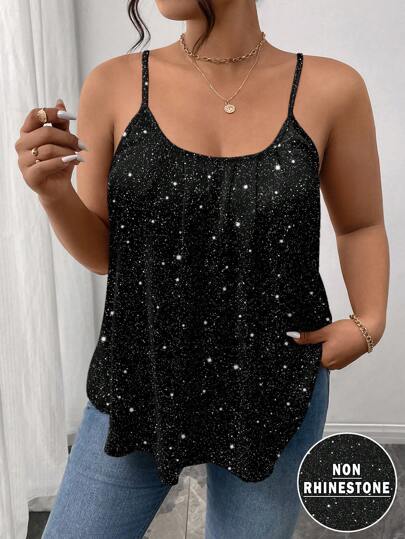 SHEIN Frenchy Plus Size Women Simple Elegant Shiny Spaghetti Strap Tank Top, Suitable For Summer