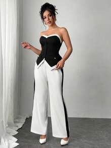 Chiquease 2pcs/Set Colorblock Sleeveless Tank Top And Straight Leg Belted Pants Set - Black and White - View 3