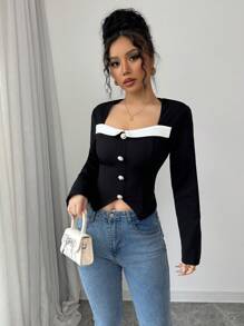 Calvaya Blusa de punto de cuello cuadrado con empalmado, ajuste ceñido para mujer