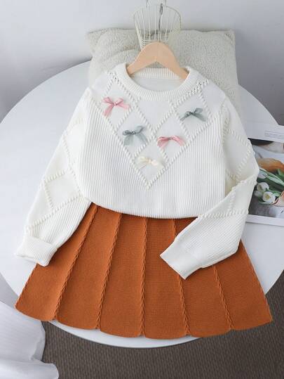 Tween Girl Knitted 2 Pieces Set, Cute 3D Bow Sweater With Pleated Skirt, Adorable & Elegant For Winter