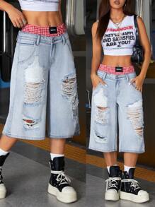 SHEIN ICON 女式休闲破洞拼布高腰七分牛仔裤 - 淺色水洗藍 - 查看 5