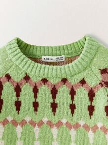 SHEIN Tween Boy Geometric Pattern Round Neck Raglan Sleeve Casual Sweater, Autumn/Winter - Beige - View 4