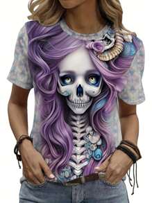INAWLY Camiseta de manga corta con estampado de esqueleto para mujer, camisetas gráficas, ropa de otoño para mujer - Multicolor - Ver 3