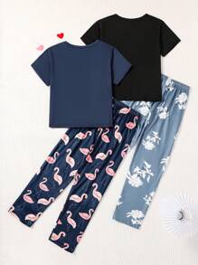 Tween Girls 海军蓝火烈鸟印花休闲 2 件套家居服套装 - 长裤和短袖上衣 - 彩色 - 查看 2