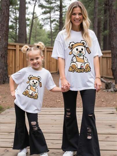 SHEIN 1pc Young Girl Fashion Casual Letter & Bear Print Drop Shoulder Short Sleeve T-Shirt, Mommy & Me Matching Outfits (2pcs Sold Separately)