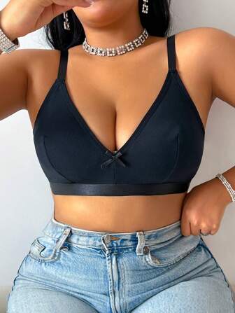 Plus Size Solid Color Spaghetti Strap Bow Decor Simple & Comfortable Lingerie
