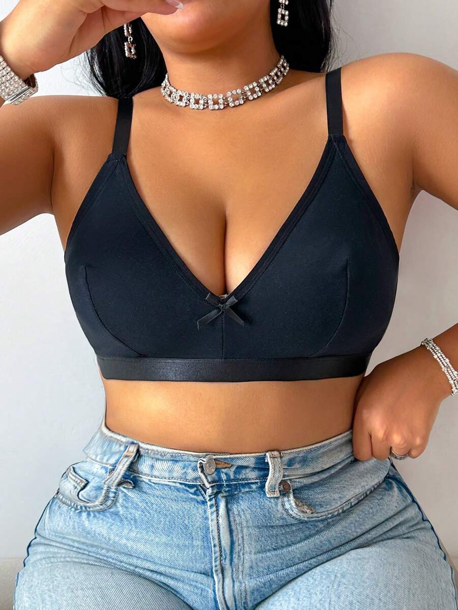 Đồ lót ren dây mảnh màu trơn cỡ lớn trang trí nơ đơn giản và thoải mái - màu đen - Xem 1