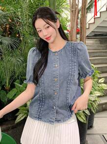 DAZY Women's Elegant Stylish Denim Shirt, Summer - Blue - View 7