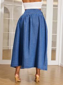 SHEIN SXY Vestido de verano estilo bohemio con falda vaporosa y abertura alta en denim de talla grande para mujer, conjunto de ropa de verano para vacaciones en la playa