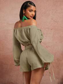 SHEIN SXY 春夏约会俱乐部情人节婚礼优雅度假装生日女装绿色编织露肩工装口袋装饰长袖短款上衣，配有抽绳设计 - 卡其色 - 查看 2