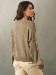 WESTFADE Western Faux Pearl Embellished Crewneck Relaxed Fit Long Sleeve Sweater, Fall, Autumn, Casual, Back To School, Female Country Look, Winter Clothes - Apricot - View 5