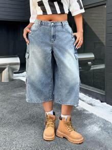 POPSWAY Plus Size Front Button Simple Casual Multi-Pocket Denim Capri Pants - Blue - View 1