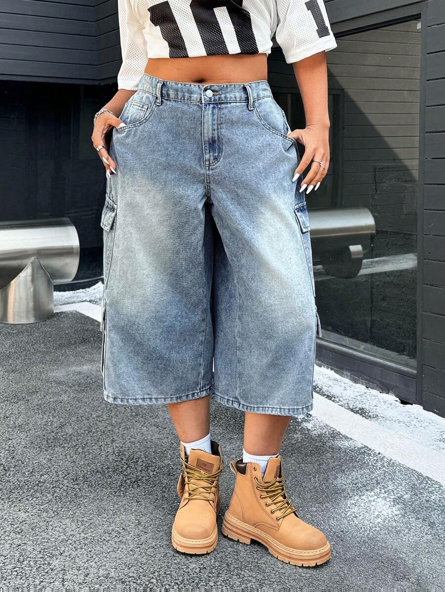 POPSWAY Plus Size Front Button Simple Casual Multi-Pocket Denim Capri Pants - Blue - View 1