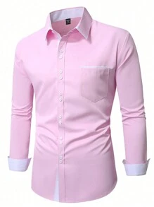 Manfinity Mode Men's Solid Color Splicing Front Button Long Sleeve Pocket Casual Shirt, For Fall - Baby Pink - View 4
