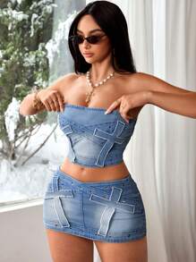 SHEIN ICON Women's Sexy Grommet Detail Tube Top Denim Blouse