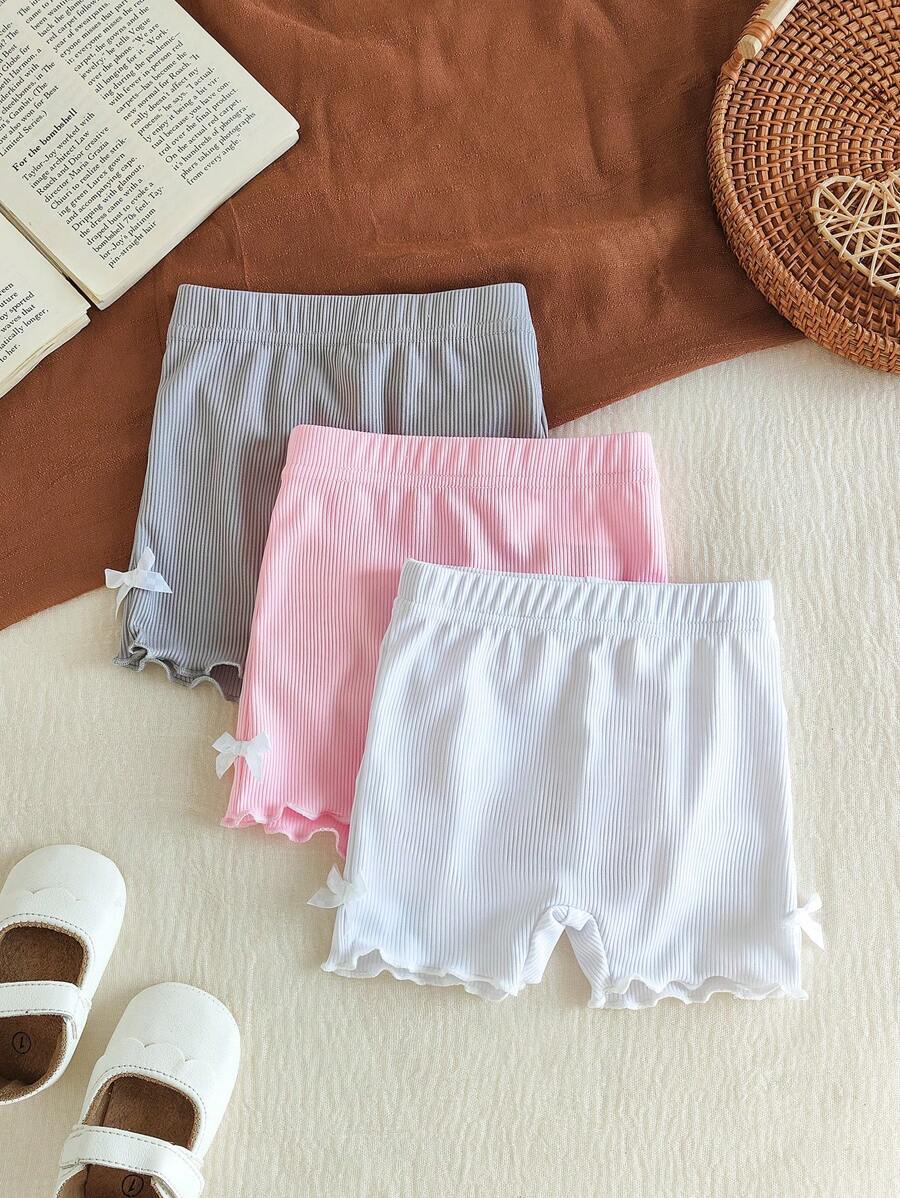 SHEIN Vintaside Kids 3 件套女婴春夏休闲运动弹力罗纹针织纯色套装 - 包括短裤和配套上衣，0-3 岁，柔和的莫兰迪色彩，粉色、米色、灰色，及膝长度，适合室内和室外 - 彩色 - 查看 1